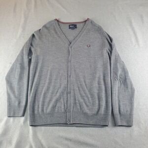 Fred Perry Cardigan Sweater Mens XL Gray Merino Wool Grandpas Teacher